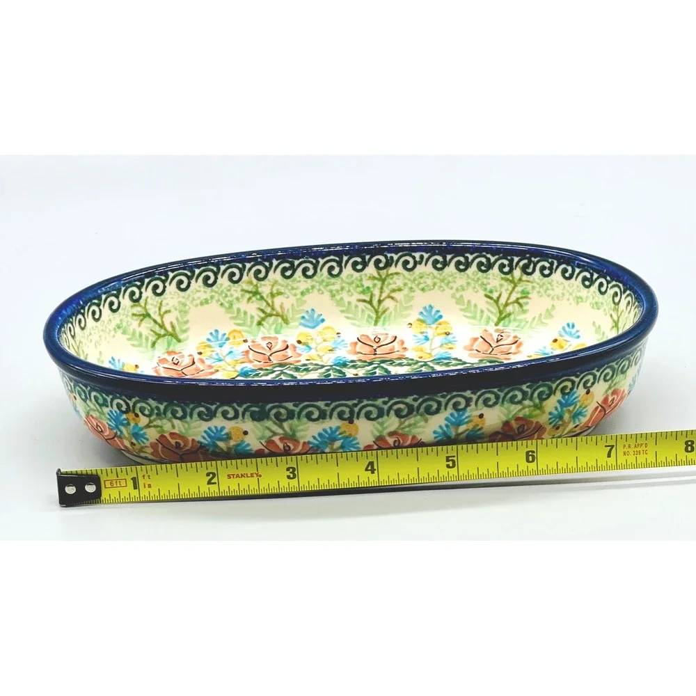 Polish Pottery Unikat Oval Baker Dish Floral 7.5 inch J Okraska 1699